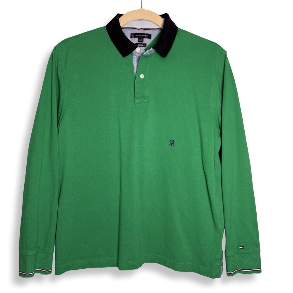 Tommy Hilfiger Polo Shirt Mens L‎ Green Blokecore Long Sleeve Knit Rugby Casual